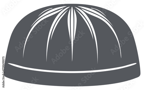Simple graphic of a grey beret or skullcap with radiating lines