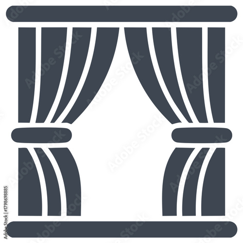 Illustration of stylized dark blue curtains and a window frame.