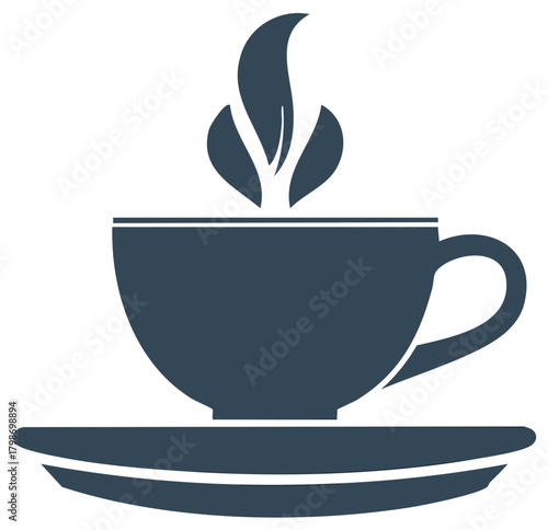 Elegant cup icon illustration with saucer, steam leaves, hot drink, coffee or tea symbol with simplistic style