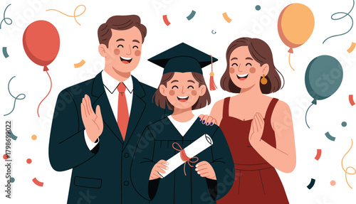 Graduation celebration with family, proud parents, diploma, academic success, smiling faces, festive background, balloons, confetti, achievement, joy, support, love