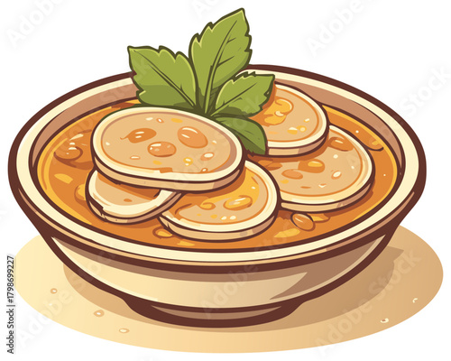 Illustration of a Bowl of Soup with Sliced Meat and Herbs