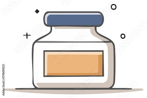 A stylized illustration of a medicine or cosmetic jar with a blue lid and a place for label on the white background with a shadow