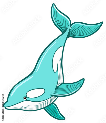 Vibrant teal killer whale cartoon illustration gracefully swimming underwater