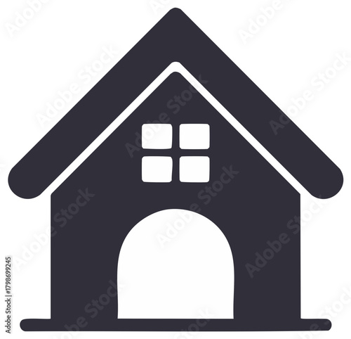 Simple illustration of a stylized doghouse with a window and an arched entrance.