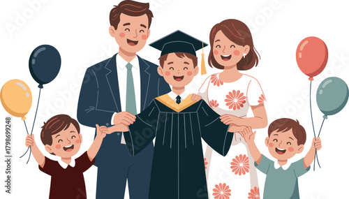 Graduation day celebration, proud family, smiling graduate, holding hands with children, balloons, joy, achievement, support, love, milestone, festive moment