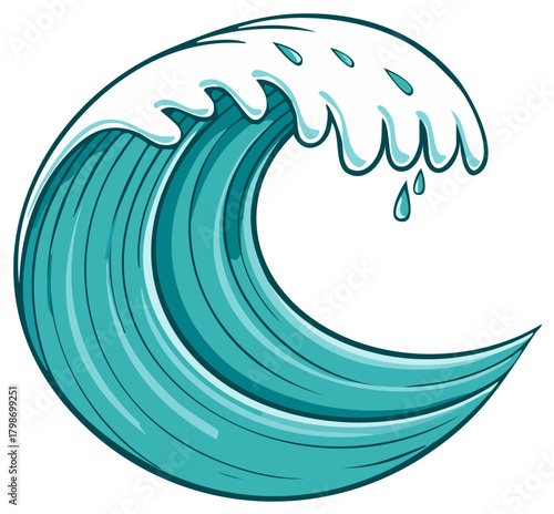 Cartoon depiction of an ocean wave with turquoise water and white foamy crest.