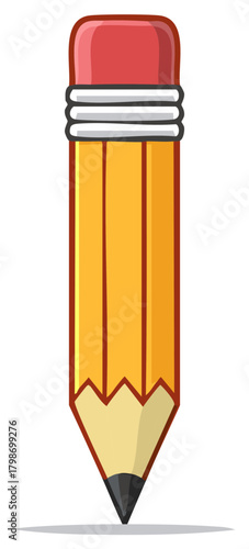 Detailed illustration of a yellow pencil with a red eraser and a sharp graphite point, educational cartoon