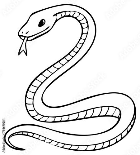 Line art drawing of a reptile, with a slender form, protruding tongue, and elongated body in a coiled pose.