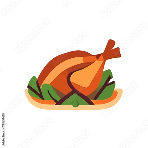 Illustration of a roasted turkey on a platter with green garnish.