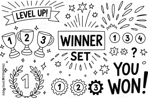 Winner celebration vector set with trophies, stars, gears, and motivational text for gaming success, achievement reward, and level-up design