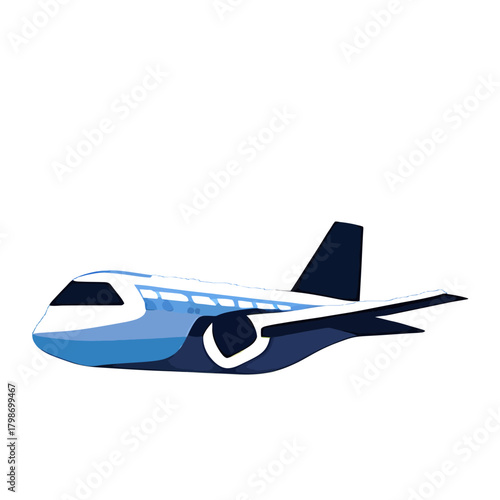Illustration of a blue and white airplane in flight.