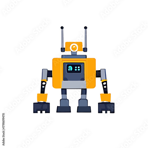 Cartoon robot with yellow body, gray arms and legs, and two antennas on top.