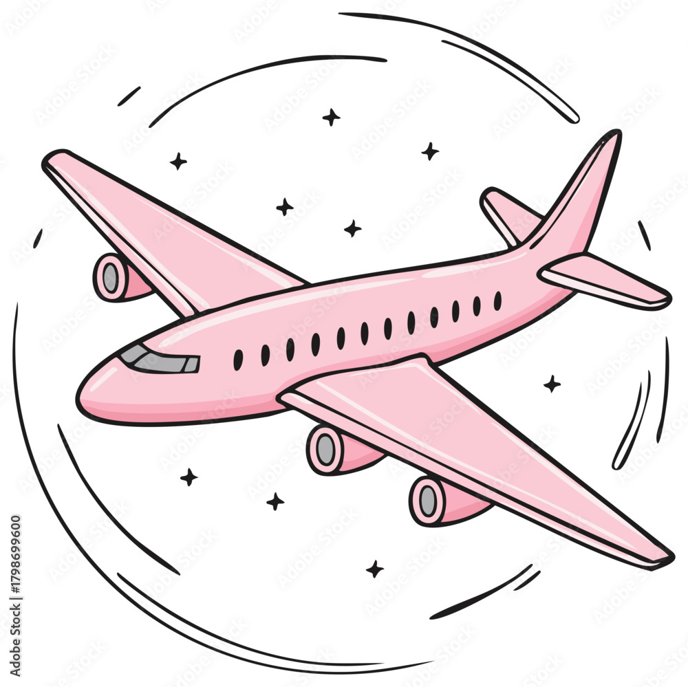 Fototapeta premium Stylish Pink Airplane Cartoon Illustration Flying in Space with Line Circle Accents and Star Details