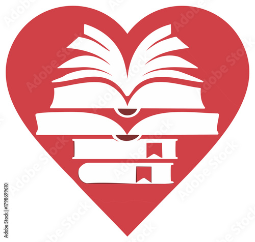White open book stack and closed books in red heart shape symbol of reading love
