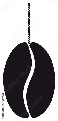 Black and white graphic icon of a single coffee bean hanging from a rope vector illustration