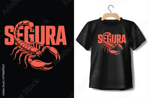 Scorpion graphic with text segura on black tshirt