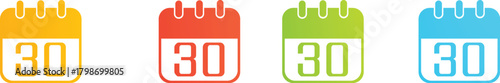 A set of four colorful flat design calendar icons in yellow, red, green, and blue, each showing the date "30", perfect for scheduling, appointments, deadlines, and planning in user interfaces, website
