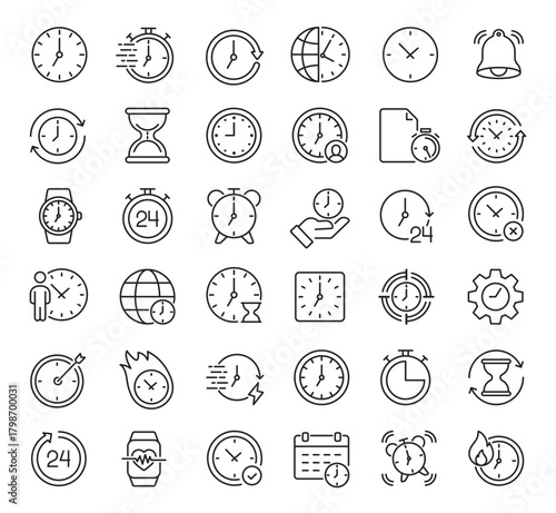 Set of collection line icons related Time, Clock. Editable stroke. Perfect pixel on transparent background