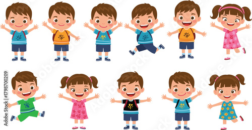 Happy cartoon children, colorful outfits, joyful expressions, playful poses, school kids, cheerful group, fun illustration, educational design, vibrant characters, smiling faces