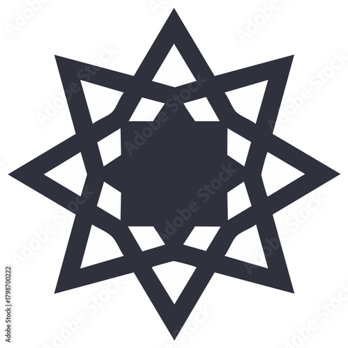 Abstract geometric eight pointed star symbol in dark gray outline on white background
