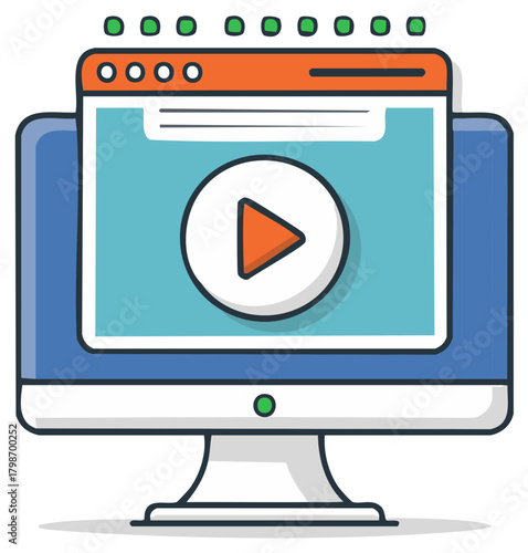 Computer monitor displaying a web browser with a play button for online video streaming and media content