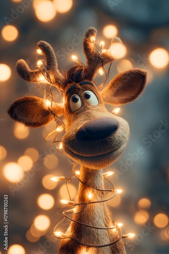 Adorable cartoon reindeer with festive christmas lights wrapped around its antlers and neck