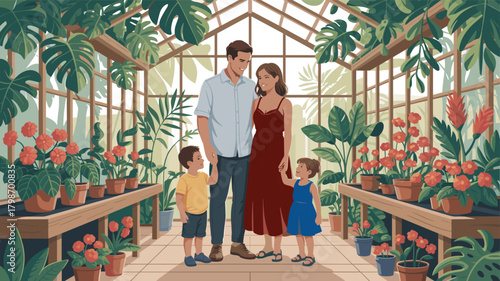 Happy family in greenhouse, surrounded by plants, bonding in nature, tropical greenery, peaceful moment, indoor garden, parenting, love, growth, life