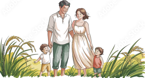 Happy family in rice field, bonding in nature, rural life, golden harvest, smiling together, outdoor scene, greenery, love, peace, tradition