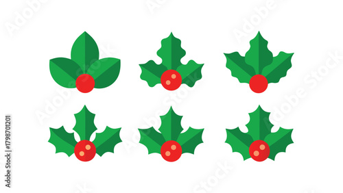 Six Stylized Christmas Holly Sprigs with Red Berries on White Background berry leaf