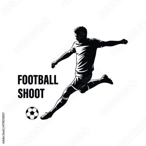 Football Shoot Silhouette, Soccer Player Kicking Ball Mid-Air, Dynamic Football Shot Vector, Black and White Soccer Action, illustration, vector.