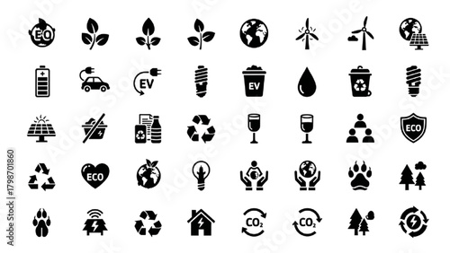 Black Silhouette Eco Icons Set – 48 Minimal Solid Environmental Vector Symbols
