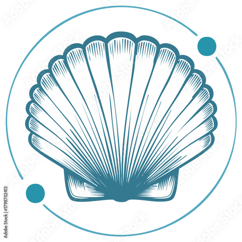 Blue Sea Shell Graphic with Circle and Dots, Ocean Logo Design Element