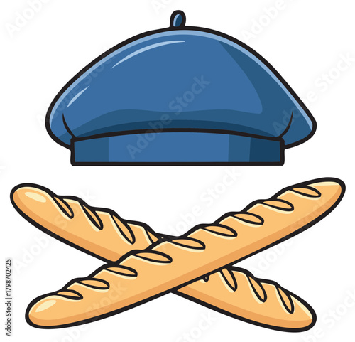 Traditional Blue Beret and Crispy Baguettes Iconic Symbols of French Cuisine and Culture Illustration
