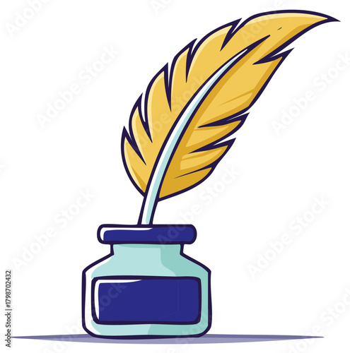 Illustration of a yellow quill pen and blue inkwell in a simple cartoon style