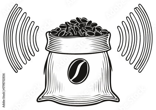 Fresh Coffee Beans in Bag with Aroma Signals, Retro Vector Illustration