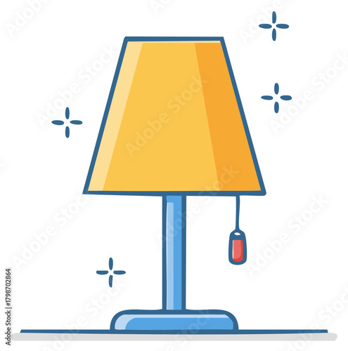 Stylized lamp illustration with a yellow shade and blue base in a simple cartoon design with sparkle effects