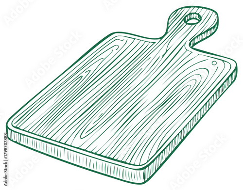 Green outline drawing of a wooden cutting board with a handle and hole for hanging