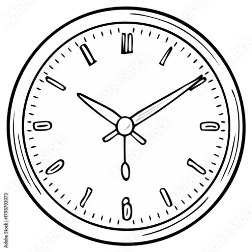 Close up illustration of a round analog clock face showing the time with hour and minute hands.