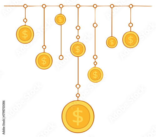 Hanging gold coins with dollar signs suspended on threads