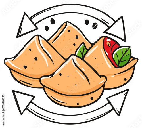 Delicious cartoon samosas with savory filling and fresh garnish rotating in a circular arrow illustration