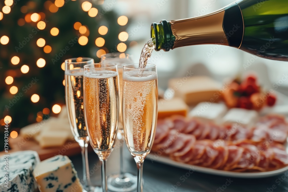 Fototapeta premium Hand pouring sparkling wine from a bottle into flute glasses during a festive occasion with charcuterie and cheese board