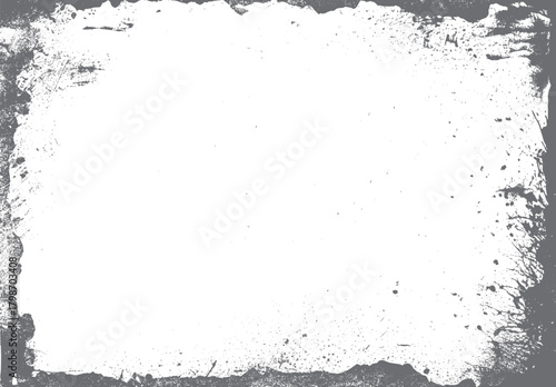 Grey textured distressed grunge border frame with scattered speckles and rough edges on white background