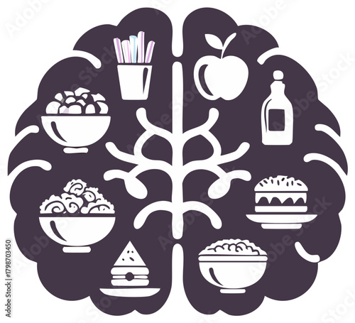 Brain Silhouette Filled with Various Foods Illustrating Diet Choices and Their Impact on Cognitive Health and Mental Well being