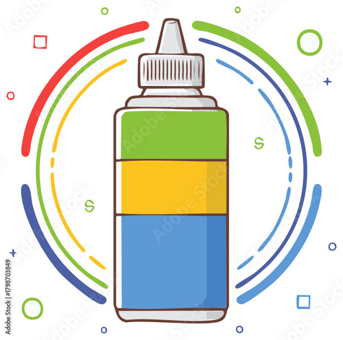 Colorful dropper bottle illustration with vibrant green yellow blue sections and dynamic abstract lines