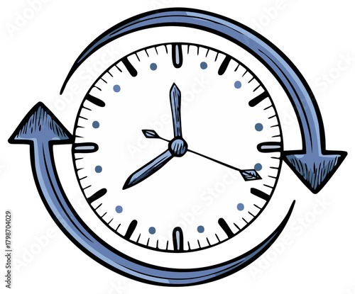 Hand drawn clock with circular arrows symbolizing the passage of time and time management
