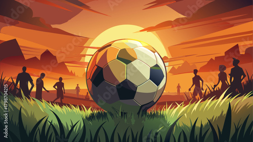 Soccer ball in field at sunset landscape