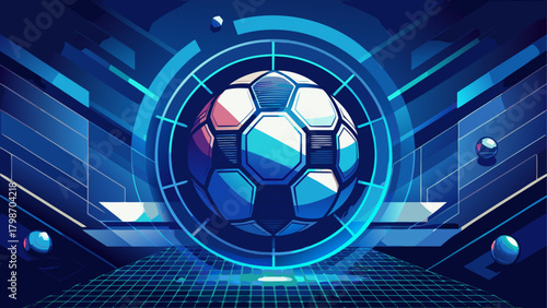 Futuristic soccer ball on a blue gridiron
