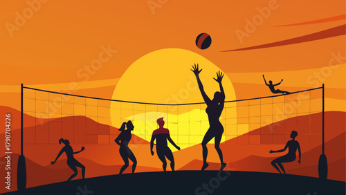 People playing volleyball at sunset time