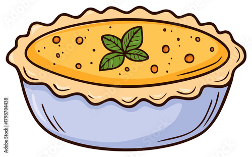 Illustrated savory pie with golden filling, wavy crust, and fresh basil garnish