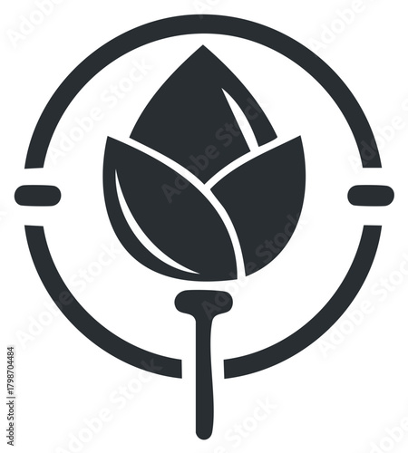 Stylized bud icon within a circular targeting reticle for nature or agriculture themes